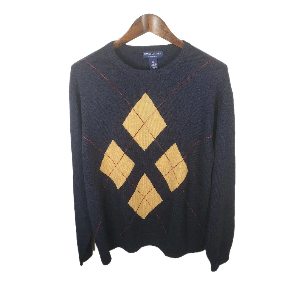 Daniel Cremieux Argyle Sweater Mens XXL Navy Tan Lambs Wool Cotton Casual Career